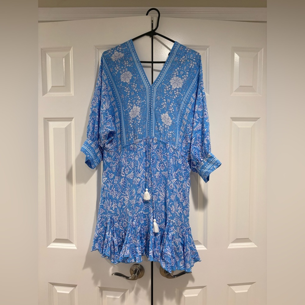 Blue & White Floral Boho Mini Dress with Tassel Tie Waist – Flowy Ruffle Hem - Picture 2 of 4